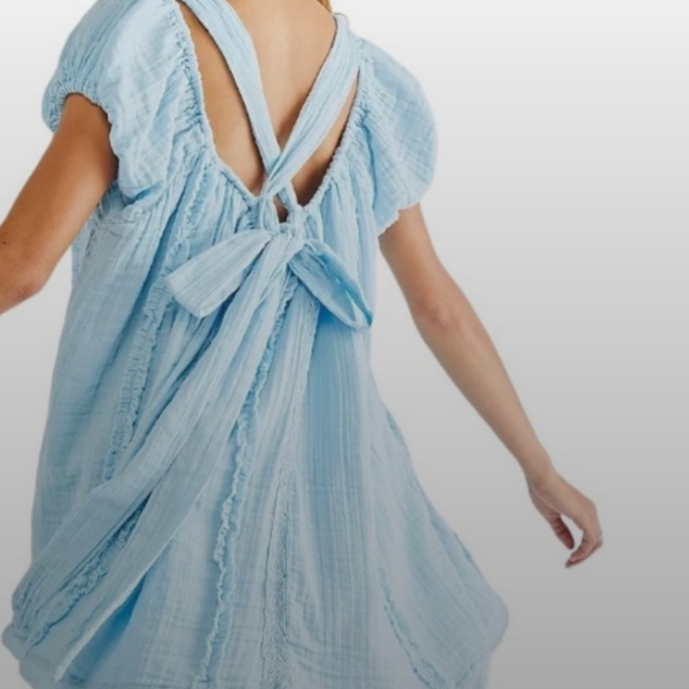 Free People Angele Gauzy Mini Dress Boho Summer Blue Oversized Puff Sleeve XS - Picture 2 of 15
